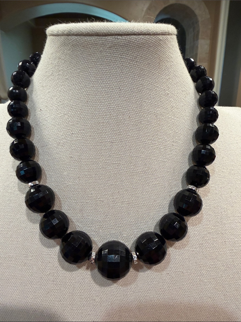 Black Faceted Bead Statement Necklace - Women Jewelry 16 inch